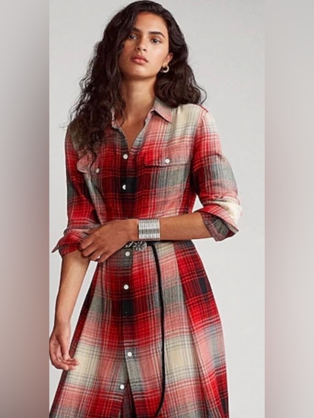Plaid Red Button-Front Maxi flannel Shirt Dress size 8 - Picture 4 of 8